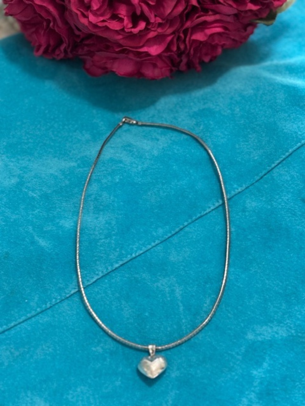 STERLING SILVER Puffy Etched Heart ❤️ Pendant w/ 18” Sterling Silver Snake Chain - Picture 3 of 6